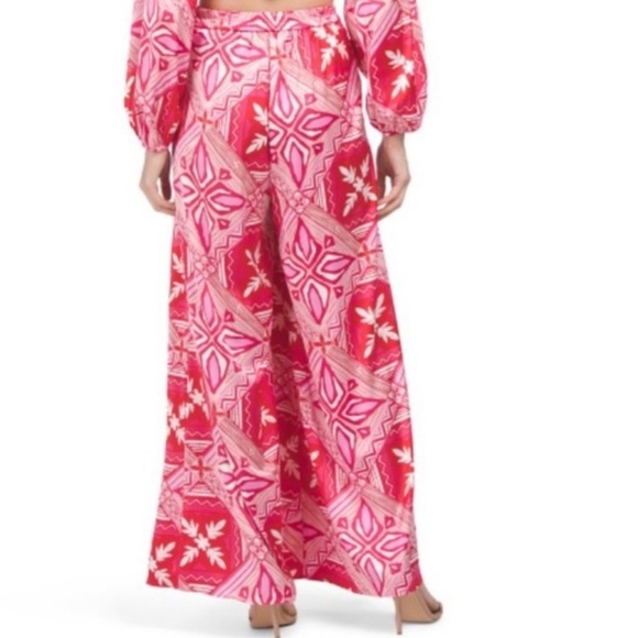 Caroline Constas Printed Wide Leg Pants High Rise with Pockets NWT Pink White - Picture 5 of 11